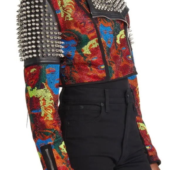 Azela Wang Beaded Faux Leather Crop Moto Jacket - Picture 3 of 9